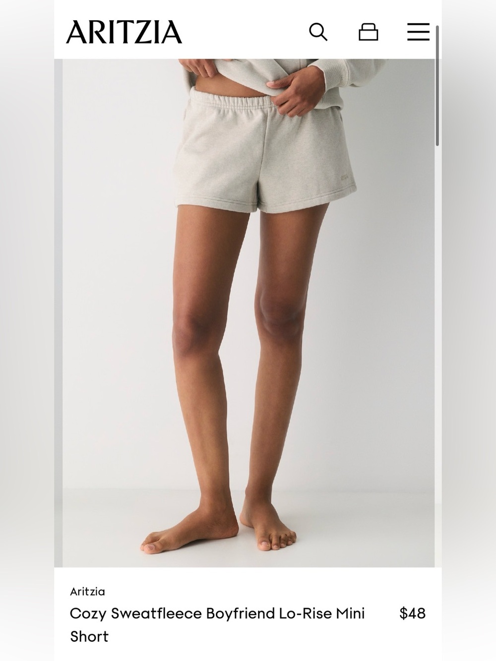 Aritzia Cream Cozy Sweatfleece Boyfriend Lo-Rise Mini Short